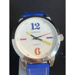 Embassy Quartz Watch White Face Leather Band Works New Battery!